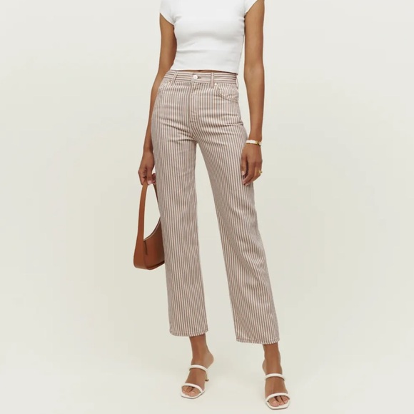 Reformation Denim - Reformation Cowboy Tan and White Striped High Rise Straight Jeans Size 25